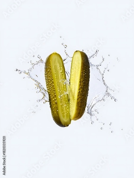 Obraz A sliced pickle suspended in mid-air, surrounded by a splash of clear water, showcasing detail.