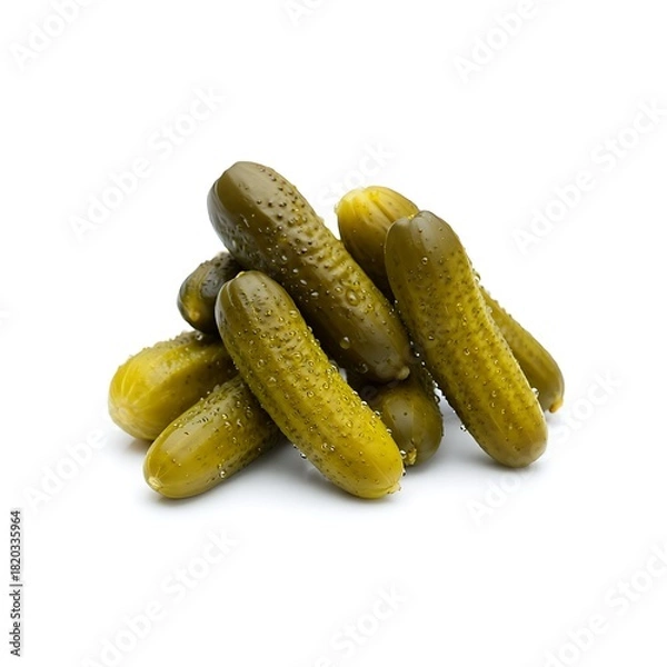 Fototapeta A pile of dill pickles, showing their textured skin and green color, isolated on a white background.