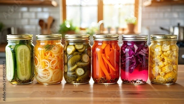 Obraz A collection of glass jars filled with colorful pickled vegetables, displayed on a wooden surface.