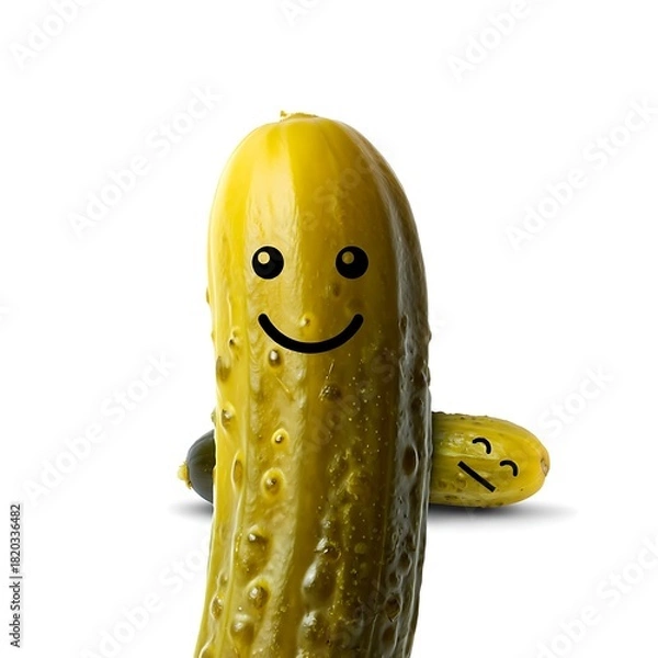 Fototapeta Two cartoon pickles with drawn faces, one smiling, the other looking displeased, on a white background.