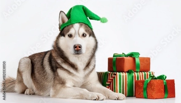 Obraz siberian husky with green elf hat sitting next to christmas gifts on white background