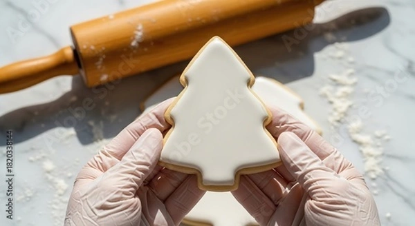 Fototapeta Baker's hands in gloves holding a freshly decorated Christmas tree cookie with white icing, with a rolling pin in the background.