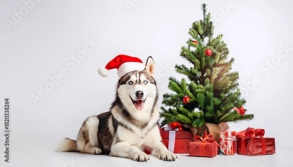 Obraz siberian husky with santa hat sleeping next to christmas tree on white background