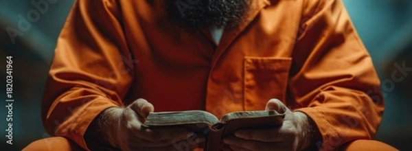 Fototapeta Man in orange jumpsuit reading bible, close-up photo