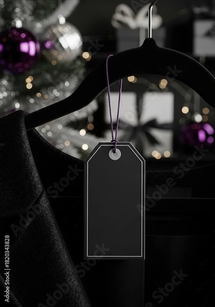 Fototapeta A blank black clothing tag hangs from a hanger in front of a Christmas tree with purple ornaments.