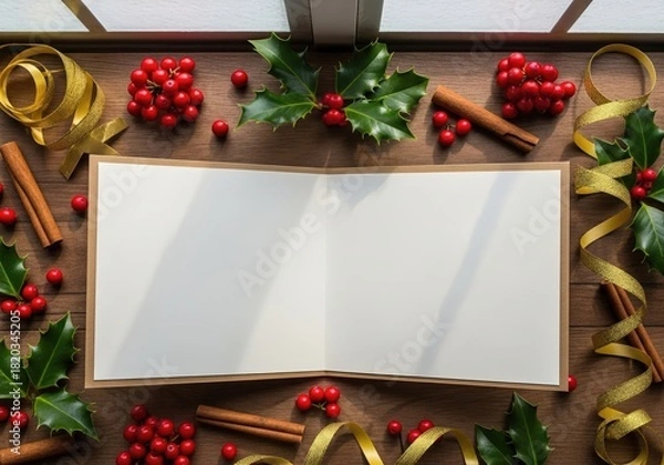 Fototapeta Festive holiday scene with a blank open card, holly berries, cinnamon sticks, and gold ribbon on a wooden background.