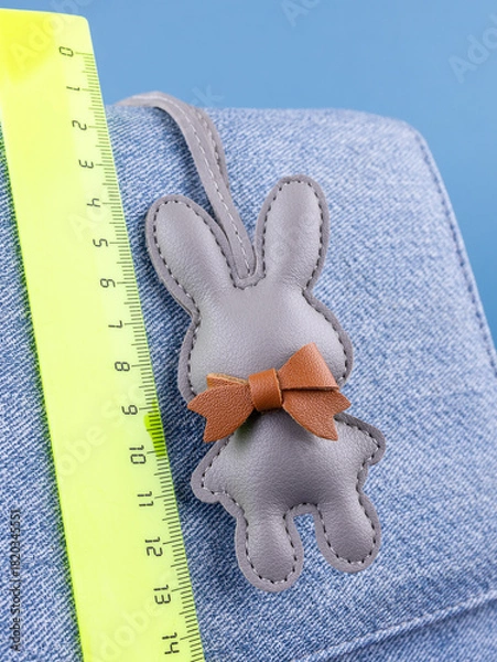 Fototapeta Close-up of a fashionable gray  leather rabbit keychain with a bow, attached to a blue stylish bag