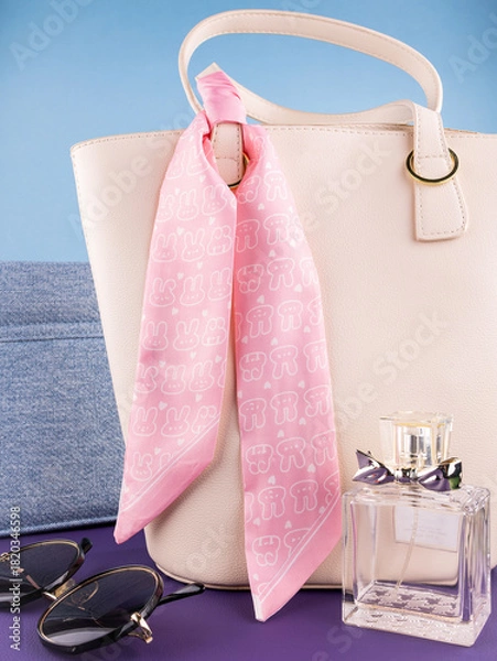 Obraz Close-up of a pink silk ribbon  with a cartoon bunny pattern on a  white leather bag