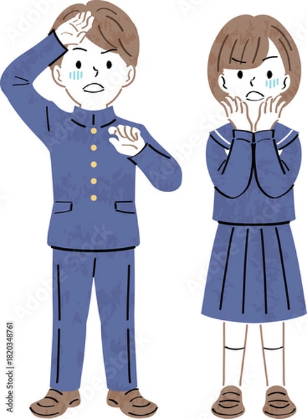Obraz 驚きと困惑の表情の制服姿の男女の学生のイラスト　全身