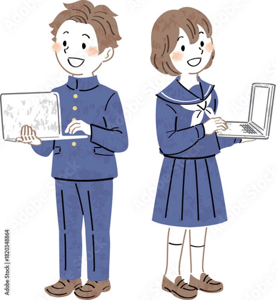 Obraz ノートパソコンを使う制服姿の男女の学生のイラスト　全身