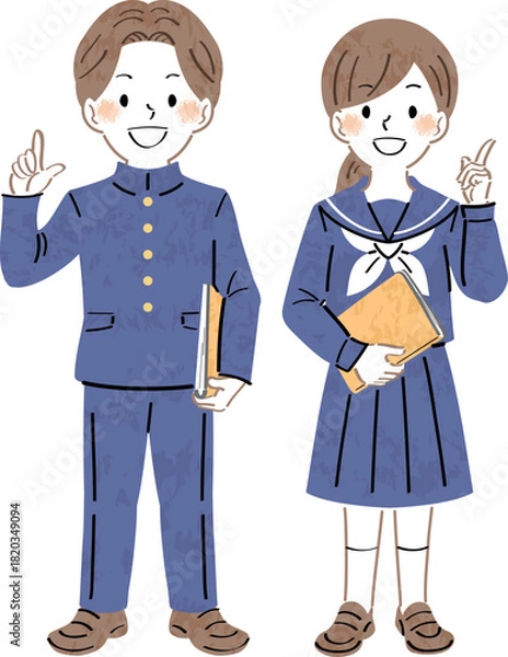 Obraz 笑顔で人差し指を立てて説明する制服姿の男女の学生のイラスト　全身	
