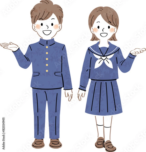 Obraz 笑顔で案内・紹介するポーズをしている制服姿の男女の学生のイラスト　全身