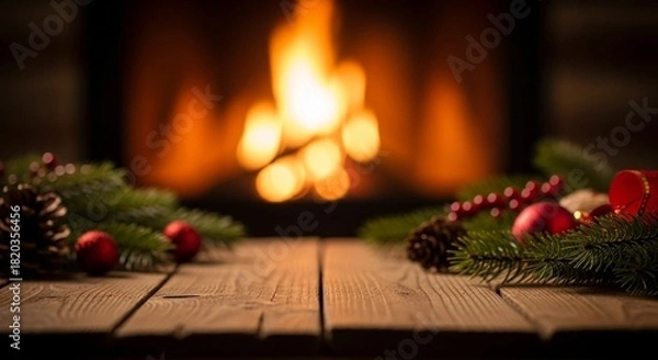 Fototapeta Christmas decorations on a wooden surface with a warm fireplace in the background.
