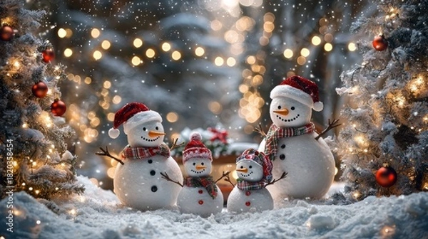 Fototapeta Snowmen family celebrating Christmas with lights and decorations in a winter wonderland