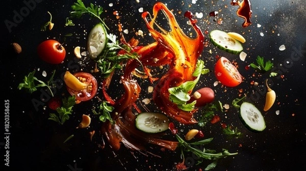 Fototapeta Fresh ingredients splash in vibrant composition capturing motion and flavor during meal preparation