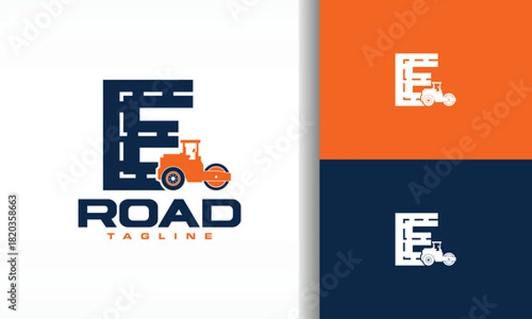 Fototapeta E Road Construction Logo with Road Roller Icon