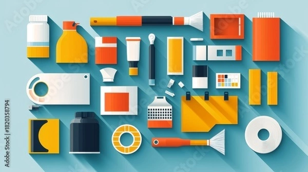 Obraz Cleaning tools and supplies displayed on a vibrant blue background showcasing various items for home maintenance tasks