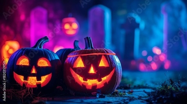 Fototapeta Colorful Halloween pumpkins lit up at night in a spooky graveyard with glowing tombstones and fog
