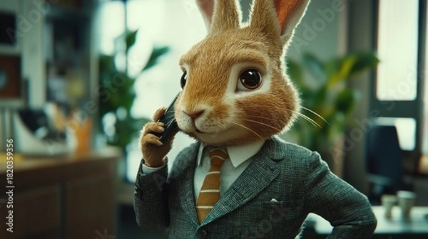 Fototapeta Anthropomorphic rabbit in a suit talking on a phone in an office setting indoors view