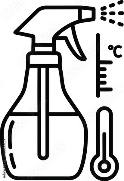 Fototapeta Line icon of a spray bottle and thermometer, symbolizing cleaning, disinfection, temperature measurement, and hygiene control