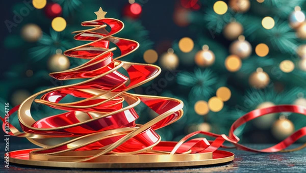 Fototapeta AI-generated image of spiralling red and gold gift ribbons Christmas tree spreading the Christmas spirit