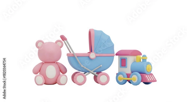 Fototapeta 3D Cartoon Vector render illustration of summer with bear  train toys and baby stroller Cartoon