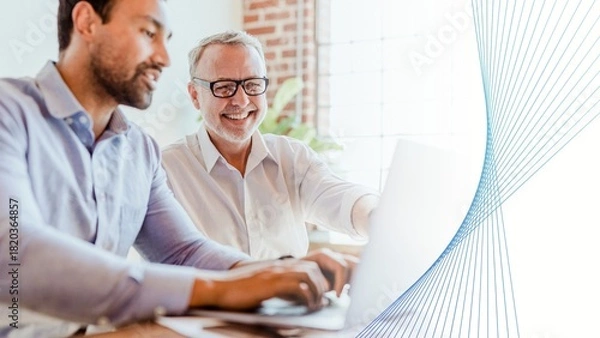Obraz Cheerful web developers working on a laptop