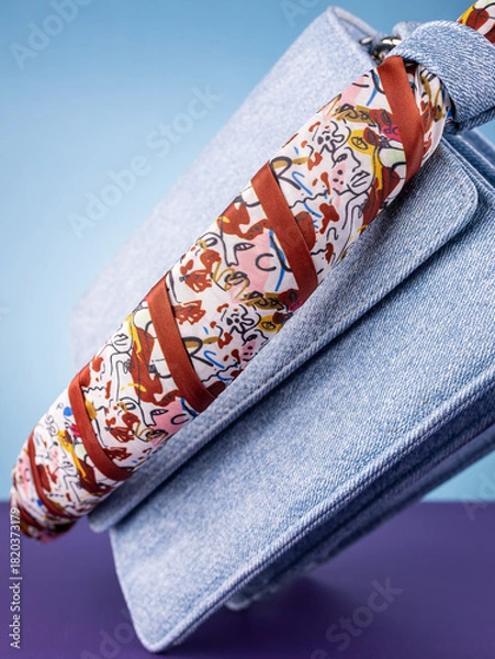 Fototapeta Close-up of a dark red silk ribbon  with an art face pattern on a blue leather bag