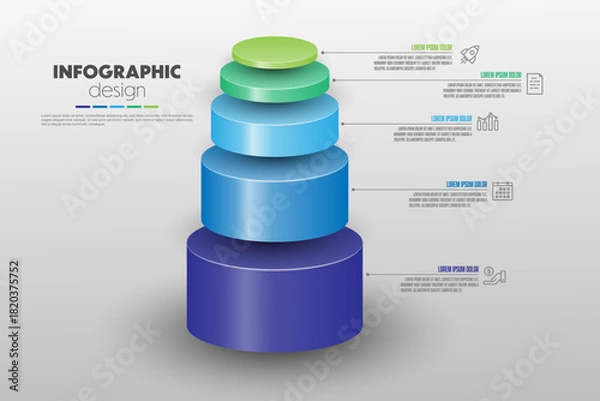 Fototapeta Stacked cylinder infographic timeline presentations and business concept charts with 5 options