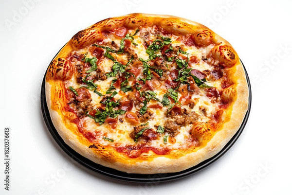 Fototapeta Delicious homemade pizza topped with savory meat and fresh basil, perfect for sharing with friends and family, a culinary delight for any occasion