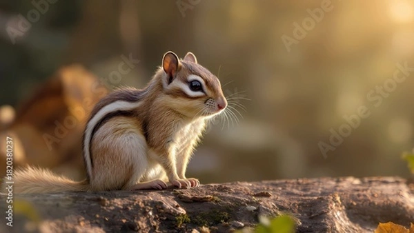 Fototapeta Chipmunk in Forest With Soft Copy Space on the Left