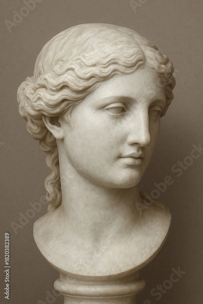 Obraz "A highly detailed classical marble sculpture bust of a woman, featuring soft facial contours, elegant wavy hair, and a serene expression.