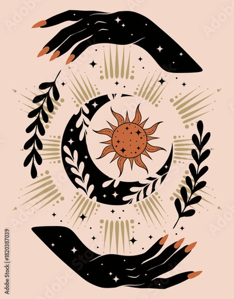 Fototapeta Boho illustration with crescent and woman hand. Alchemy esoteric magic space. Elegant illustration.