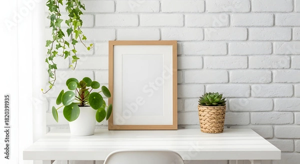 Fototapeta Minimalist White Desk with Blank Frame and Green Plants Background