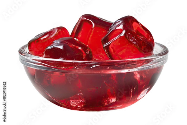 Fototapeta Close-up of ruby-red gelatin cubes in a clear glass bowl