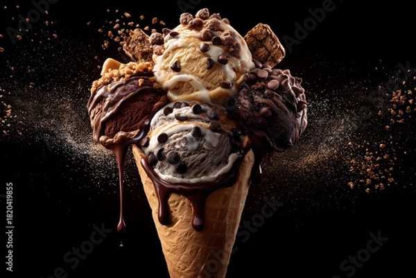 Fototapeta Delicious ice cream scoops on waffle cone.