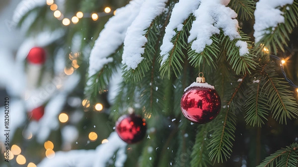 Obraz Snowy Christmas tree branch adorned with festive red ornaments and sparkling lights creating a cozy holiday atmosphere, perfect for seasonal greetings and winter promotions