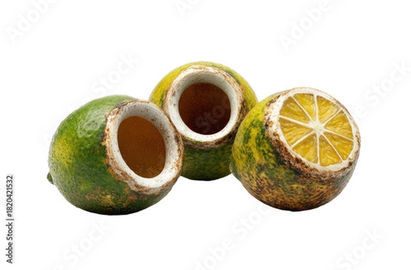 Fototapeta Two hollowed gourds and one sliced citrus fruit on black