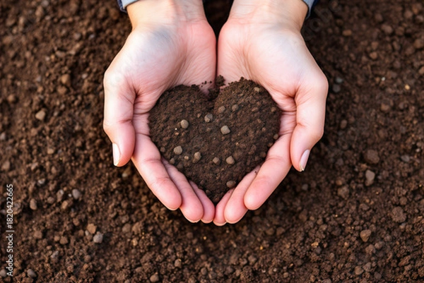Obraz Hands Forming Heart Shape with Soil: Gardening, Agriculture, Love for Nature, Environmental Conservation, Earth Day Concept Stock Photo