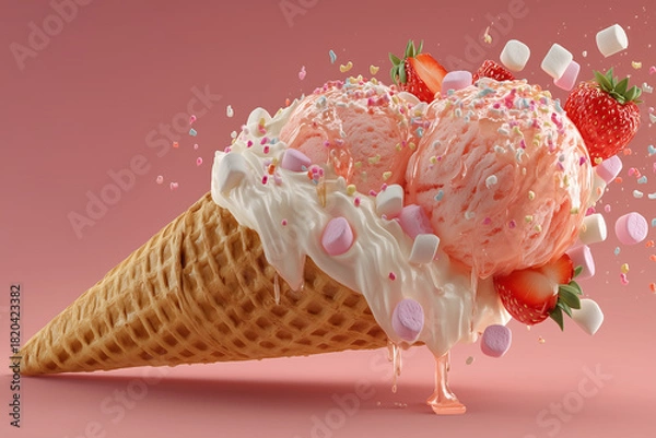 Fototapeta Strawberry flavor ice cream scoops on waffle cone.