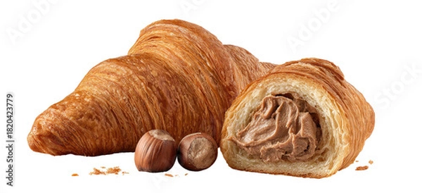 Obraz Two golden croissants, one filled with rich chocolate-hazelnut cream