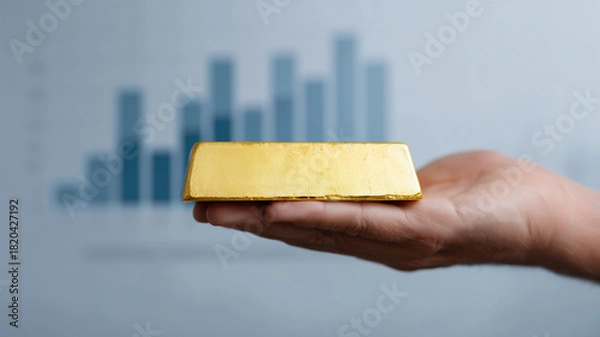 Obraz Hand holding gold bar with blurred financial chart background, symbolizing wealth, investment, and economic growth, with focus on precious metal trading and market trends