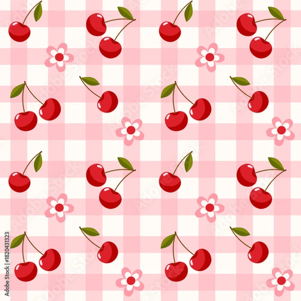 Obraz Seamless Fruit Pattern With Red Cherries on Pink Checkered Texture