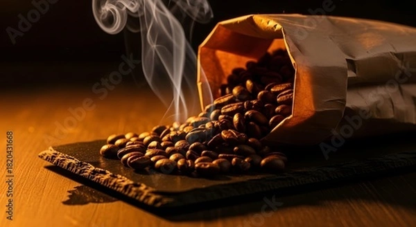 Obraz Coffee Beans Spilling from Paper Bag with Rising Steam | Premium Coffee Lover Close-Up