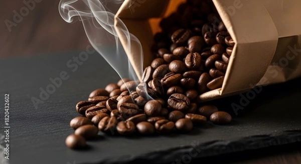 Obraz Aromatic Whole Coffee Beans in Paper Bag with Warm Steam – Minimalist Coffee Lover Photography.