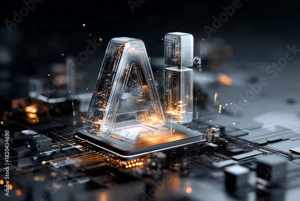 Fototapeta The Artificial Intelligence (AI) microprocessor chip. Powerful Quantum AI component on PCB motherboard with data transfers.