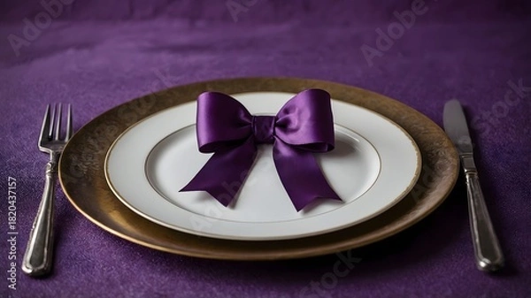 Fototapeta Elegant table setting with a purple bow on a plate for a special occasion
