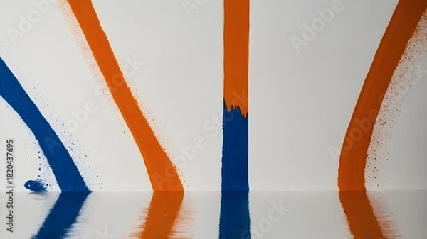 Fototapeta Abstract orange and blue paint streaks with reflections on a white background