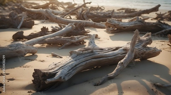 Fototapeta Weathered driftwood scattered across a sandy beach under warm sunlight
