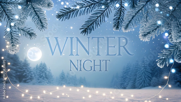 Obraz Enchanting winter night scenery with sparkling lights and frosty pines, perfect for holiday greetings, seasonal promotions, and cozy winter-themed designs, capture the magic of the season